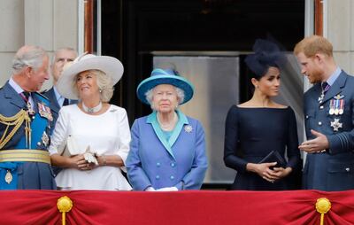 (FILES) In this file photo taken on July 10, 2018 (L-R) Britain's Prince Charles, Prince of Wales, Britain's Camilla, Duchess of Cornwall, Britain's Queen Elizabeth II, Britain's Meghan, Duchess of Sussex and Britain's Prince Harry, Duke of Sussex, stand on the balcony of Buckingham Palace to watch a military fly-past to mark the centenary of the Royal Air Force (RAF). Britain's Prince Harry will relinquish his honorary military appointments and patronages after confirming to Queen Elizabeth II that he and wife Meghan Markle will not return as working royals, Buckingham Palace announced on February 19, 2021. / AFP / Tolga AKMEN
