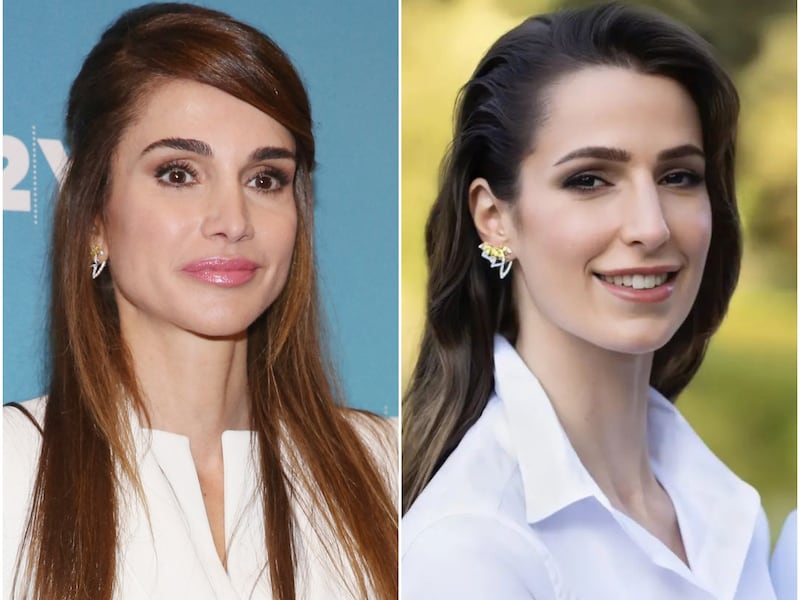 Queen Rania lent a pair of Stephen Webster earrings to Princess Rajwa, right, who has also mirrored her mother-in-law's penchant for crisp white shirts. Photos: Getty Images; @jordansroyalfamily / Instagram