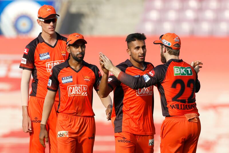 Hyderabad's Umran Malik celebrates the wicket of Odean Smith of Punjab Kings. Sportzpics for IPL