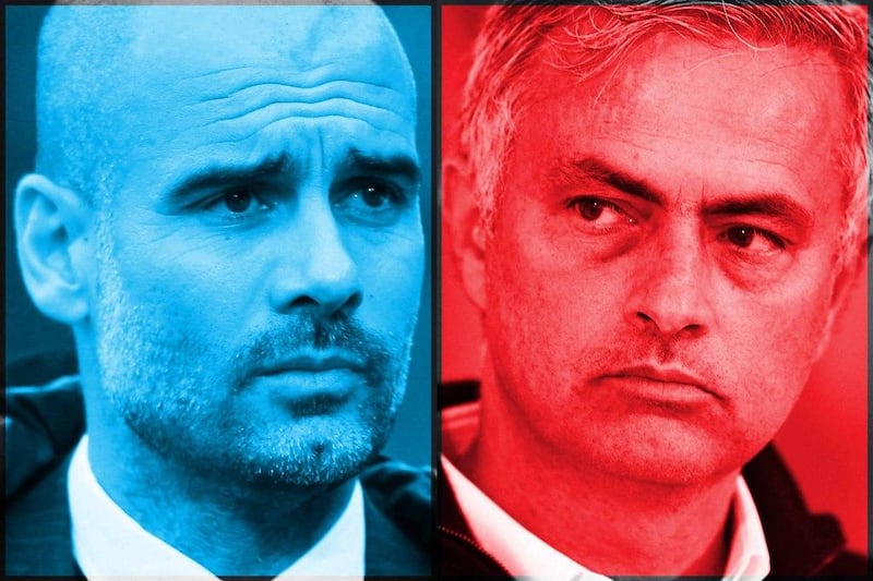 Manchester City and Pep Guardiola meet Jose Mourinho and Manchester City in one of the most pivotal Manchester derbies in recent years on Thursday. Getty images / The National illustration