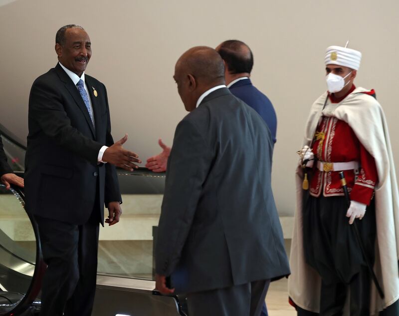 Sudanese leader Gen Abdel Fattah Al Burhan arrives at the venue of the summit to attend the closing ceremony. EPA