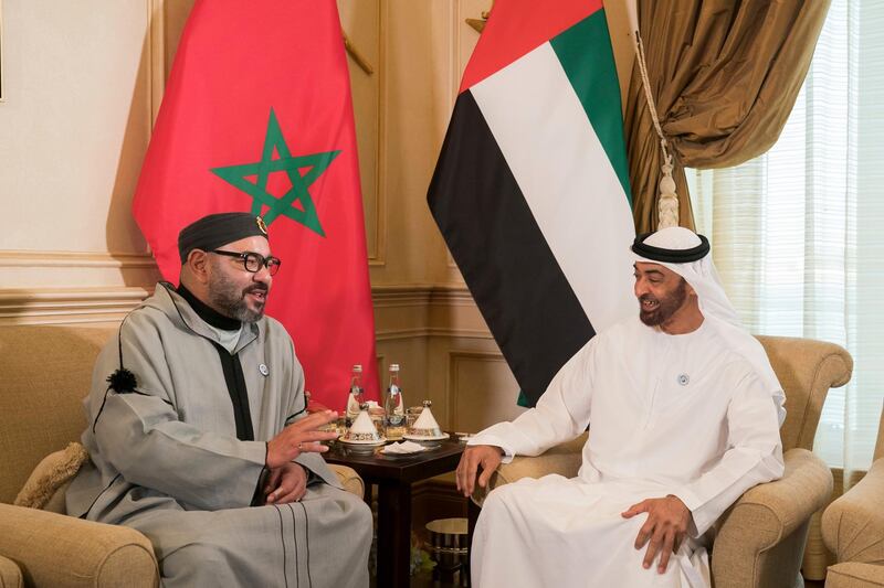 ABU DHABI, UNITED ARAB EMIRATES - September 10, 2018: HH Sheikh Mohamed bin Zayed Al Nahyan, Crown Prince of Abu Dhabi and Deputy Supreme Commander of the UAE Armed Forces (R), meets with HM King Mohamed VI of Morocco (L), during a Sea Palace barza.

( Mohamed Al Hammadi / Crown Prince Court - Abu Dhabi )
---