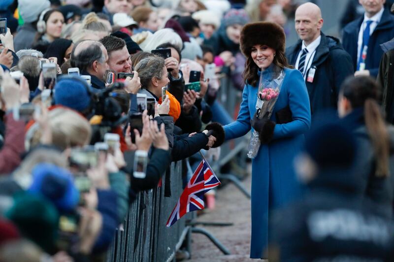 Britain's Kate Duchess of Cambridge is greeted by spectators in front of the Norwegian Royal Palace in Oslo, Norway. Cornelius Poppe / NTB scanpix via AP