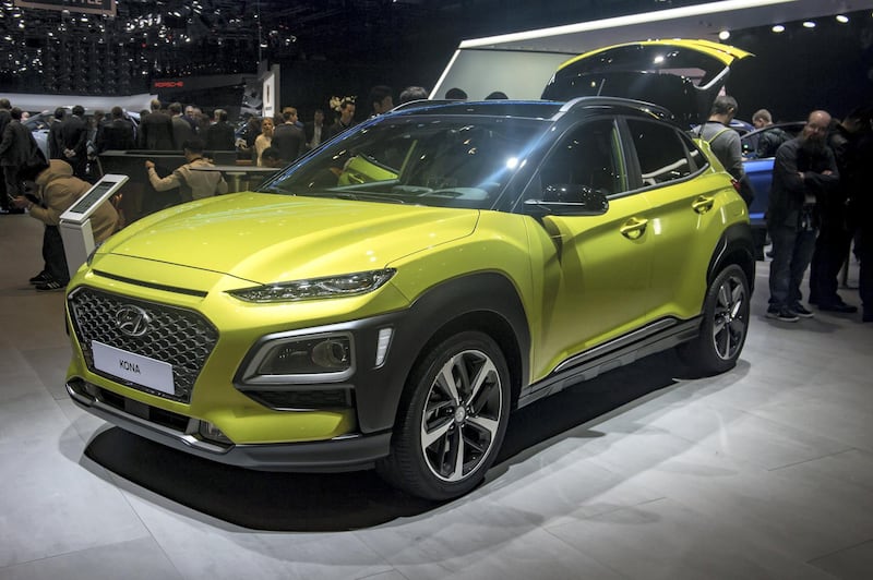 GENEVA, SWITZERLAND - MARCH 06: Hyundai Kona is displayed at the 88th Geneva International Motor Show on March 6, 2018 in Geneva, Switzerland. Global automakers are converging on the show as many seek to roll out viable, mass-production alternatives to the traditional combustion engine, especially in the form of electric cars. The Geneva auto show is also the premiere venue for luxury sports cars and imaginative prototypes. (Photo by Robert Hradil/Getty Images)