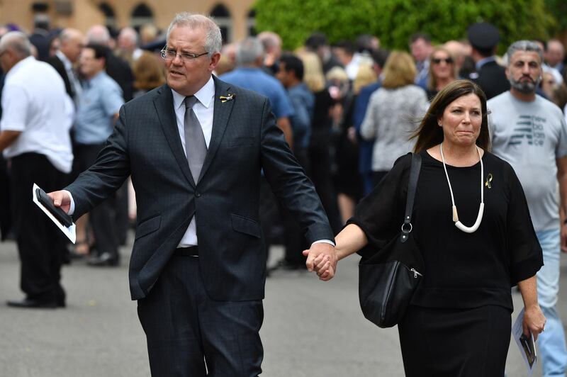 Australia's Prime Minister Scott Morrison and his wife Jenny attend the funeral for NSW RFS volunteer Andrew O'Dwyer at Our Lady of Victories Catholic Church in Horsley Park, Sydney.  EPA