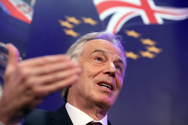 Tony Blair, U.K.'s former prime minster, gestures as he speaks during the 'UK in a changing Europe' event in London, U.K., on Thursday, March 29, 2018. Prime Minister Theresa May has nine months to define what Brexit will actually mean and she’ll have to do battle on three fronts to get there—in Brussels, in Parliament and with her own Conservative Party. Photographer: Chris Ratcliffe/Bloomberg