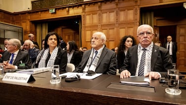 Palestinian Authority Foreign Minister Riyad Al Maliki, right, and the Palestinian delegation attend a hearing at the International Court of Justice in The Hague. EPA