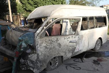 The wreckage of a TV station staff van that was bombed by ISIS in Kabul on May 30, 2020. Reuters
