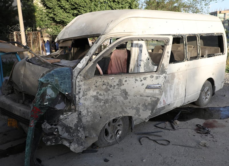 A wreckage of a bus which carried employees of an Afghan television station and was bombed is seen in Kabul, Afghanistan May 30, 2020. REUTERS/Omar Sobhani