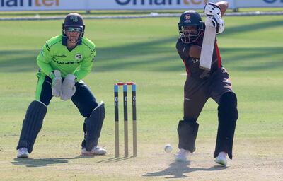 Zawar Farid of UAE plays a shot during the ICC World T20 Global Qualifiers A match between Ireland and the UAE in Muscat, Oman, February 18, 2022. Subas Humagain