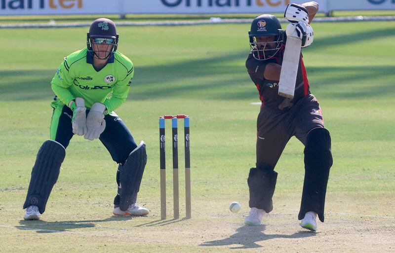 Zawar Farid of UAE plays a shot during the T20 World Cup Qualifier in Muscat. 