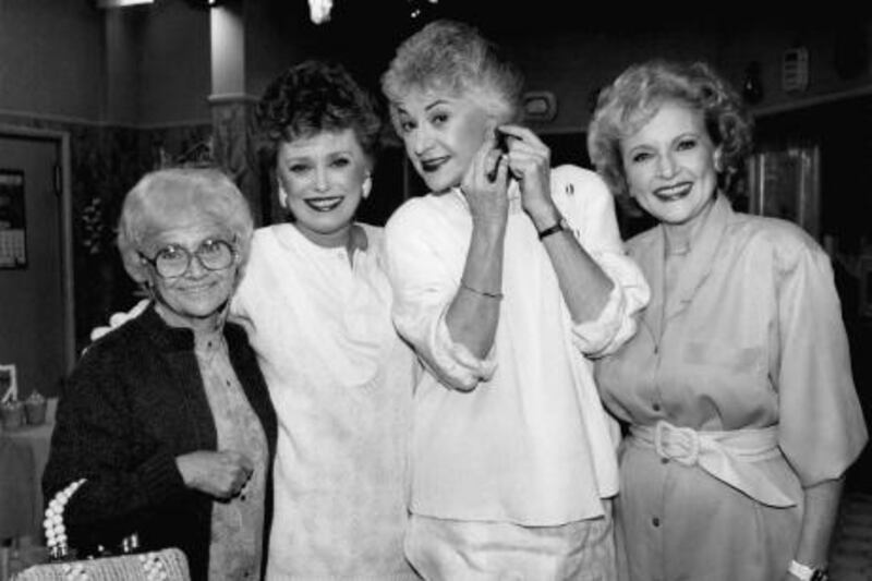 These four veteran actresses from the television series "The " Golden Girls" shown during a break in taping Dec. 25, 1985 in Hollywood. From left are, Estelle Getty, Rue McClanahan, Bea Arthur and Betty White.   (AP Photo/Nick Ut)