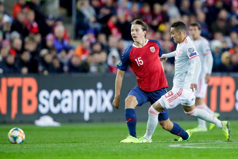 Norway's Sander Berge (L) fights for the ball against Spain's Rodrigo Moreno during the UEFA EURO 2020 qualifying Group F soccer match between Norway and Spain at Ullevaal Stadium in Oslo, Norway.  EPA