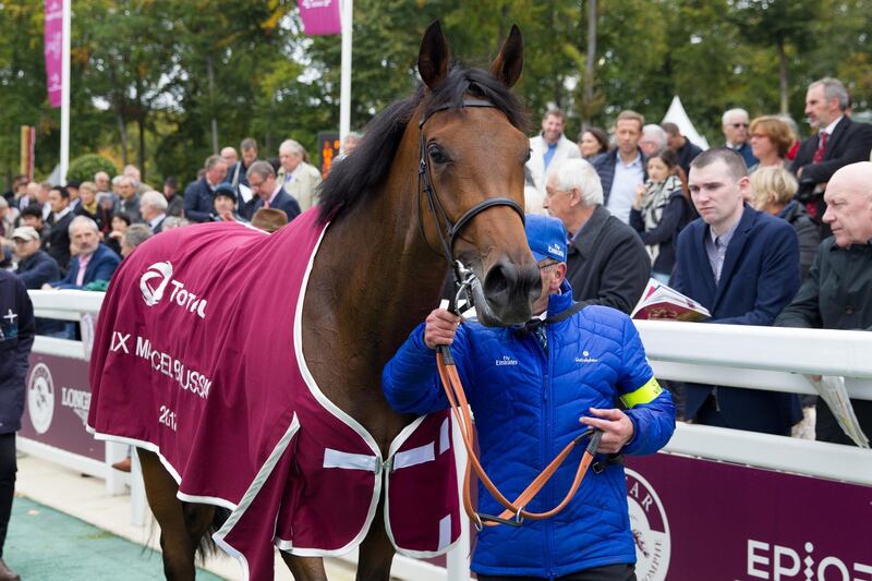 CHANTILLY, FRANCE - OCTOBER 1 : Wild Illusion wins the Race 1 Total Prix Marcel Boussac - Criterium Des Pouliches during the Qatar Prix de l'Arc de Triomphe Race Day at Chantilly Racecourse on October 1, 2017 in Chantilly, France.