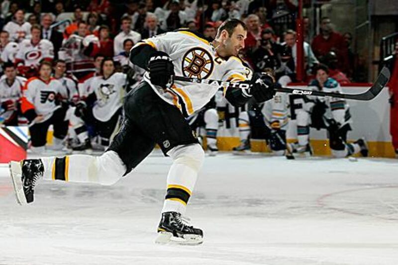 Zdeno Chara of the Boston Bruins takes his shot during the NHL SuperSkills competition.