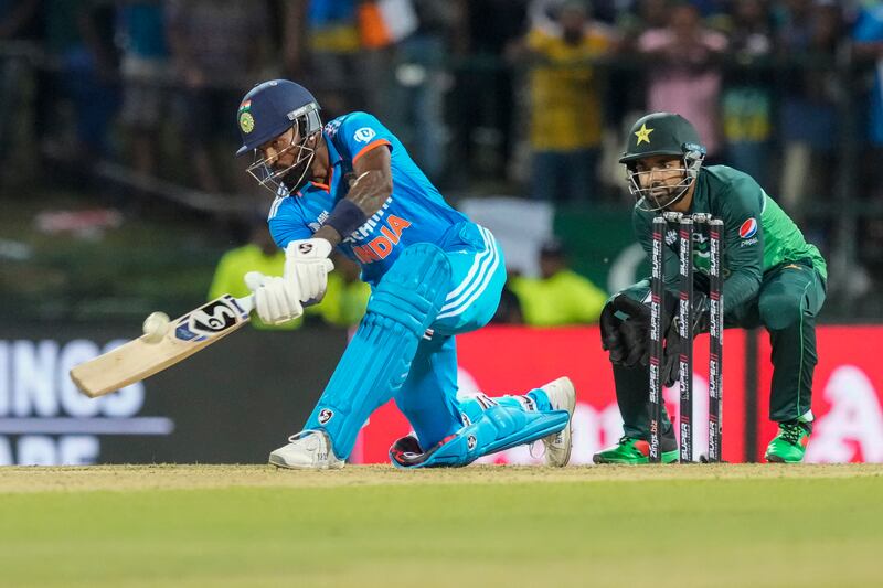 India's Hardik Pandya plays a shot during the Asia Cup cricket match between India and Pakistan in Pallekele, Sri Lanka on Saturday, Sep.  2.  (AP Photo / Eranga Jayawardena)