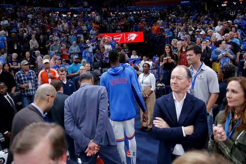 Oklahoma City players leave the court before an NBA game against the Utah Jazz was postponed in Oklahoma City, Wednesday, March 11, 2020.(Bryan Terry/The Oklahoman via AP)