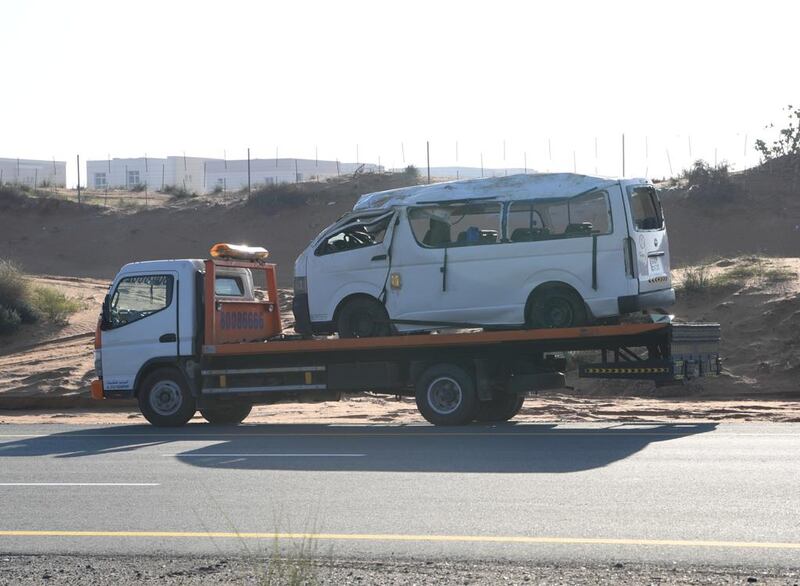 One person died and 10 were injured after a minibus accident caused by the driver falling asleep at the wheel. Courtesy: RAK Police