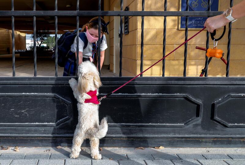 Abu Dhabi, United Arab Emirates, August 30, 2020.  Children return to school on Sunday after months off due to the Covid-19 pandemic at the Brighton College, Abu Dhabi. --  Darcey Clement, nine,  says goodbye to her dog Bella, before going to class.
Victor Besa /The National
Section:  NA
Reporter:  Haneen Dajani