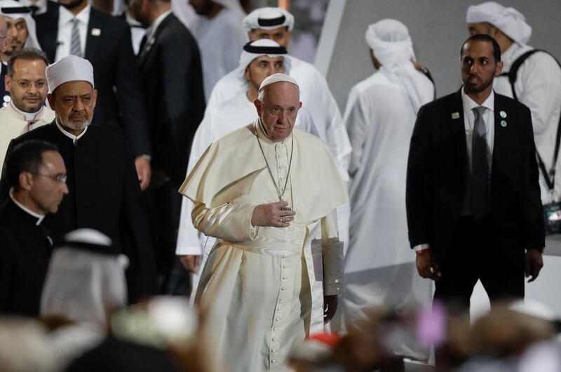 The event at the Founder's Memorial is a part of the Human Fraternity Meeting, which has been taking place in Abu Dhabi this week. AP Photo