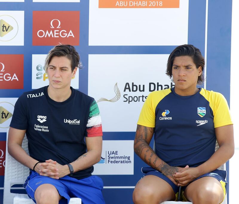 Rachele Bruni, left, and Ana Marcela Cunha at the pre-race conference. Courtesy Abu Dhabi Sports Council