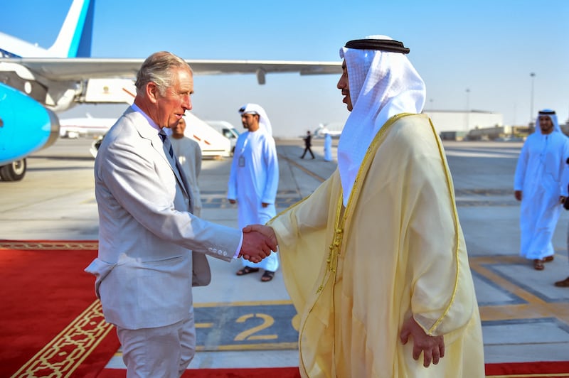 Sheikh Abdullah bin Zayed, Minister of Foreign Affairs and International Co-operation, welcomes Prince Charles to the UAE in November 2016. Wam