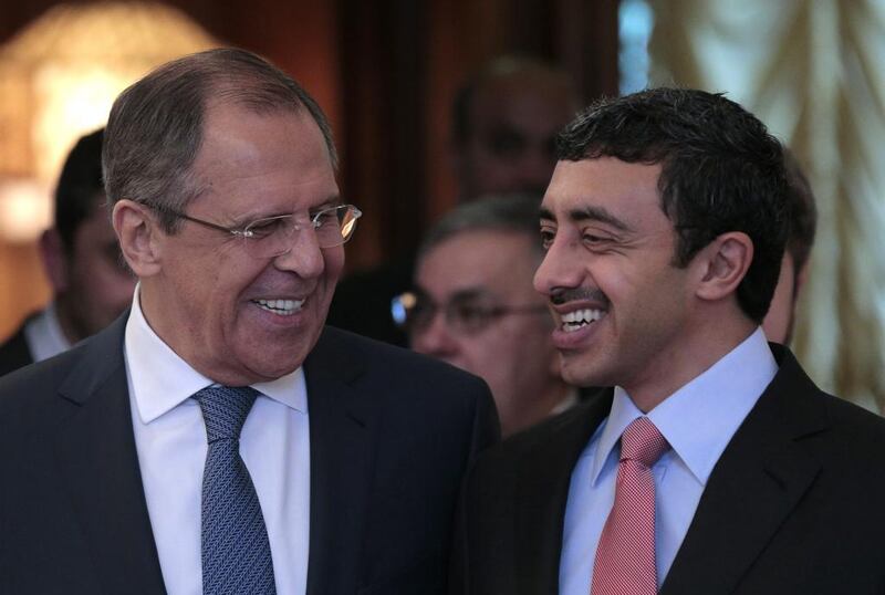 Sheikh Abdullah bin Zayed, the UAE Minister of Foreign Affairs, right, and Sergei Lavrov, the Russian foreign minister, discussed ways to tackle extremism in the Middle East during a meeting in Moscow. Maxim Shipenkov / EPA