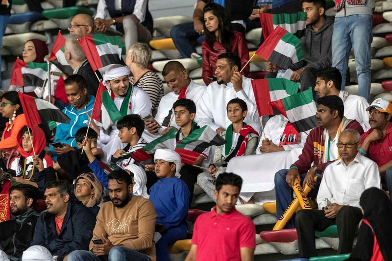 ABU DHABI, UNITED ARAB EMIRATES. 10 JANUARY 2019. AFC Football at Zayed Sports City. UAE vs India match. Fans before the start of the game. (Photo: Antonie Robertson/The National) Journalist: John McAuley. Section: Sport.