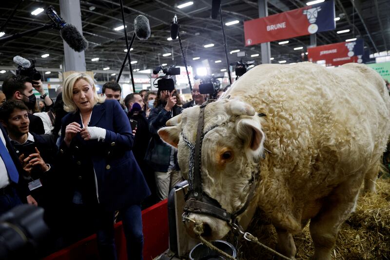 Marine Le Pen, leader of French far-right National Rally (Rassemblement National) party and candidate for the 2022 French presidential election, looks at a cow as she visits the 58th International Agriculture Fair (Salon de l'Agriculture) at the Porte de Versailles exhibition center in Paris, France, March 2, 2022.  REUTERS / Johanna Geron     TPX IMAGES OF THE DAY