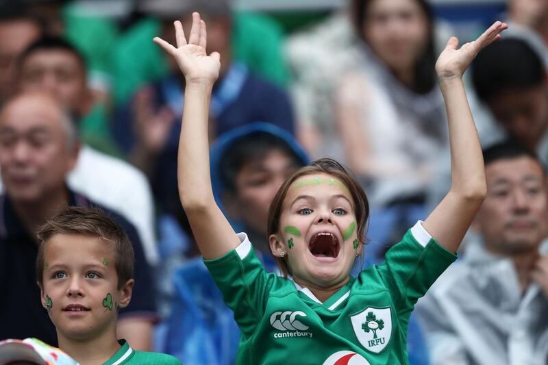 An Ireland supporter gears up for the Ireland-Scotland game at the International Stadium Yokohama. AFP