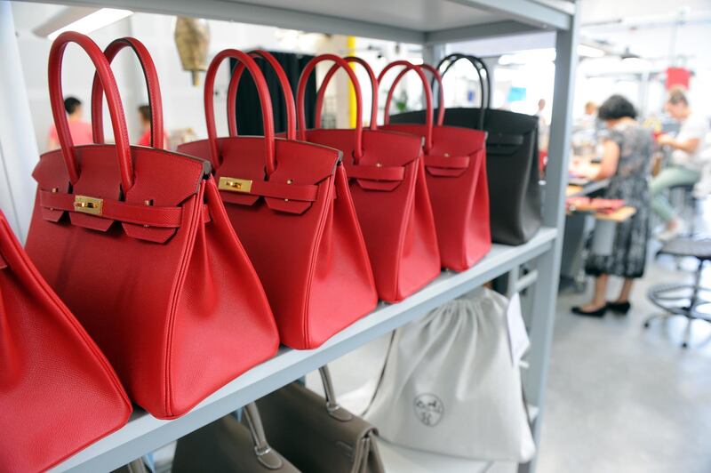 TO GO WITH AFP STORY BY REGINE LAMOTHE
A photo taken on June 11, 2015 shows Hermes Birkin bags at the Maroquinerie de la Tardoire, a Hermes workshop specialized in products made with calfskin, in Montbron, southwestern France. AFP PHOTO / MEHDI FEDOUACH (Photo by MEHDI FEDOUACH / AFP)