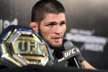 Abu Dhabi, United Arab Emirates - September 07, 2019: Khabib Nurmagomedov speaks at the press conference. Lightweight title bout between Khabib Nurmagomedov (black shorts, winner) and Dustin Poirier in the main event at UFC 242. Saturday the 7th of September 2019. Yas Island, Abu Dhabi. Chris Whiteoak / The National