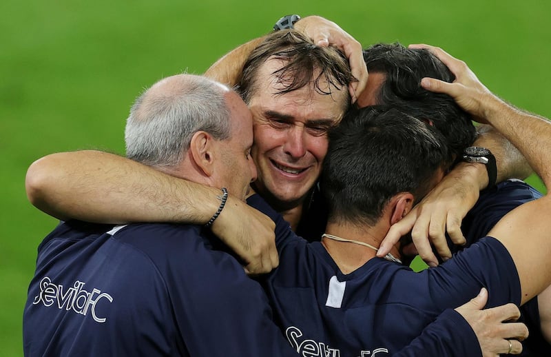 Sevilla coach Julen Lopetegui celebrates winning the Europa League. Reuters