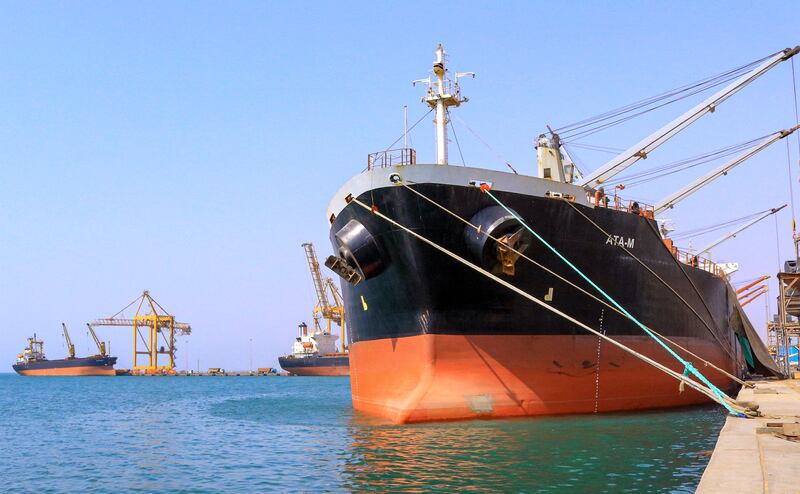 The Panama-flagged bulk carrier 'ATA-M' moored at the Red Sea port of Hodeidah in western Yemen. AFP