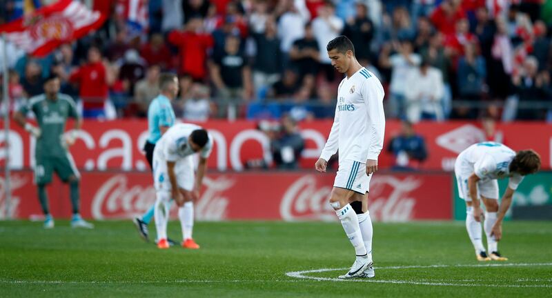 Real Madrid's Cristiano Ronaldo, looks down as he waits to restart the game after Girona scored their first goal of the game during the La Liga soccer match between Girona and Real Madrid at the Montilivi stadium in Girona, Spain, Sunday, Oct. 29, 2017. (AP Photo/Manu Fernandez)