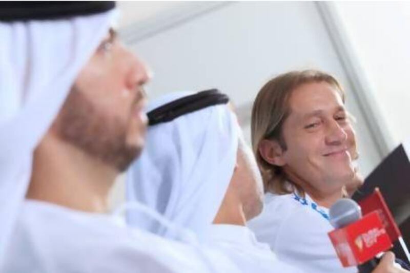 Former Real Madrid player Michel Salgado, right, speaks during a press conference to announce the confirmationof the Spanish football legend as the Director of Football at the Dubai Sports City Football Academy on Wednesday. Photo courtesy of Oliver Clarke