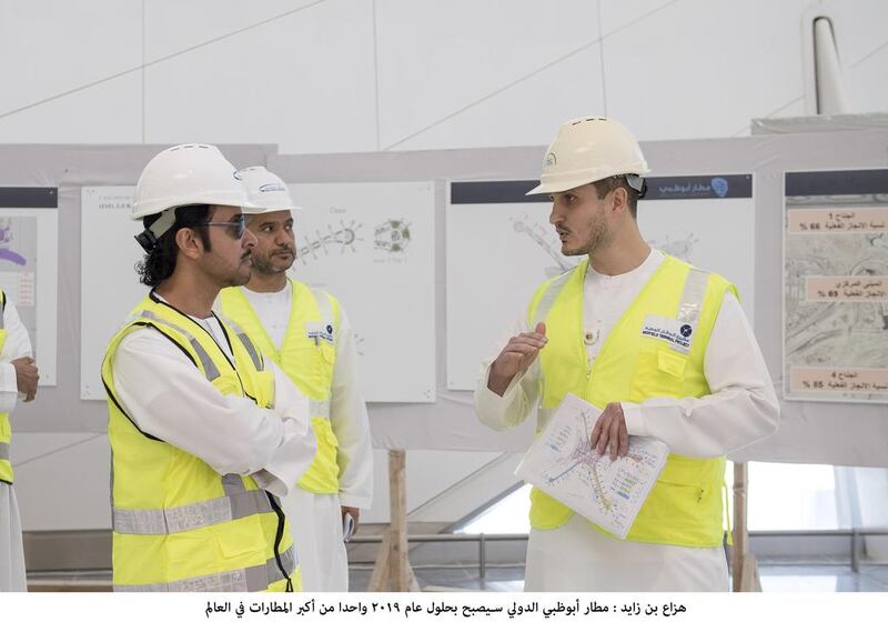 Sheikh Hazza bin Zayed, Deputy Chairman of the Abu Dhabi Executive Council, is shown plans for the Midfield Terminal Building during his visit at Abu Dhabi International Airport. Wam