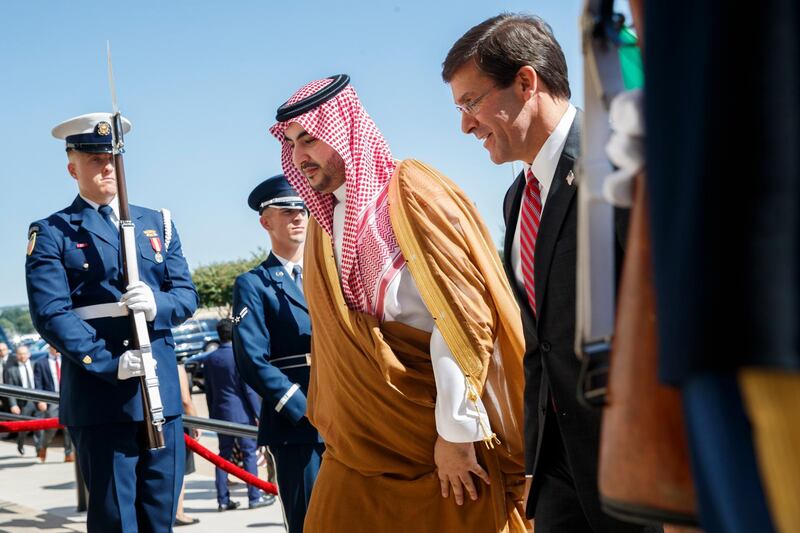 US Secretary of Defense Mark Esper greets Saudi Arabia's Prince Khalid bin Salman at the Pentagon in Arlington, Virginia, US. EPA