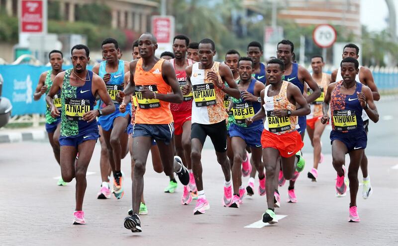 DUBAI, UNITED ARAB EMIRATES , Jan 24  – 2020 :- Runners taking part in the Standard Chartered Dubai Marathon 2020 held on the Umm Suqeim Road in Dubai. ( Pawan  Singh / The National ) For News/Online/Instagram.