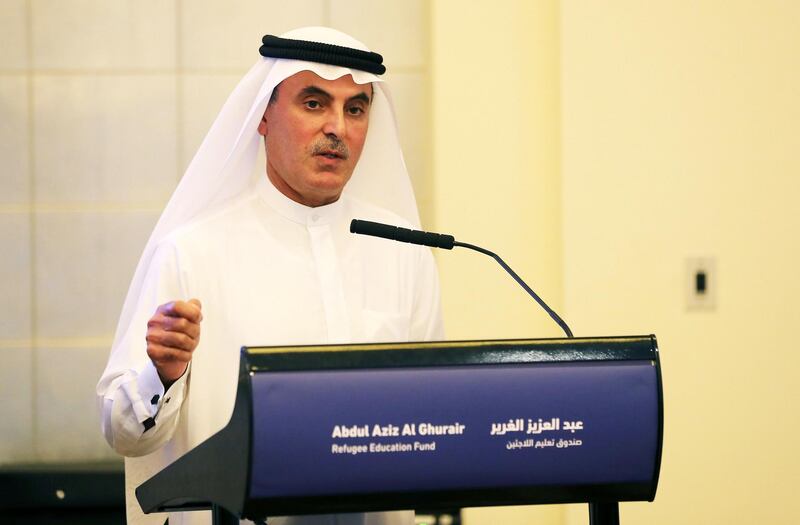 DUBAI ,  UNITED ARAB EMIRATES , SEPTEMBER 3 – 2019 :- Abdul Aziz Al Ghurair , Chairman , Abdulla Al Ghurair Foundation for Education speaking during the press conference about the Abdul Aziz Al Ghurair Refugee Education Fund held at Shangri-la hotel in Dubai. ( Pawan Singh / The National ) For News. Story by Patrick