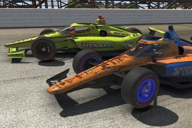In this computer-generated image, Simon Pagenaud, driver of the #22 Menards Team Penske Chevrolet, and Lando Norris, driver of the #04 Arrow McLaren SP Dallara, crash during the IndyCar iRacing Challenge First Responder 175. Getty Images