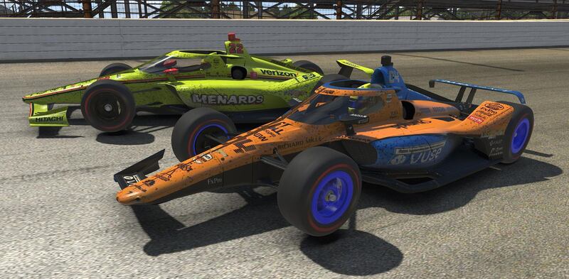 INDIANAPOLIS, INDIANA - MAY 02: (EDITORIAL USE ONLY) (Editors note: This image was computer generated in-game) Simon Pagenaud, driver of the #22 Menards Team Penske Chevrolet, and Lando Norris, driver of the #04 Arrow McLaren SP Dallara, crash during the IndyCar iRacing Challenge First Responder 175 at virtual Indianapolis Motor Speedway on May 02, 2020 in Indianapolis, Indiana.   Chris Graythen/Getty Images/AFP
== FOR NEWSPAPERS, INTERNET, TELCOS & TELEVISION USE ONLY ==
