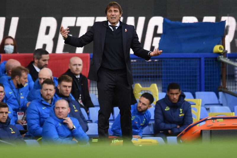 Tottenham Hotspur manager Antonio Conte watches from the touchline during the Premier League match against Everton at Goodison Park on November 7, 2021. AFP