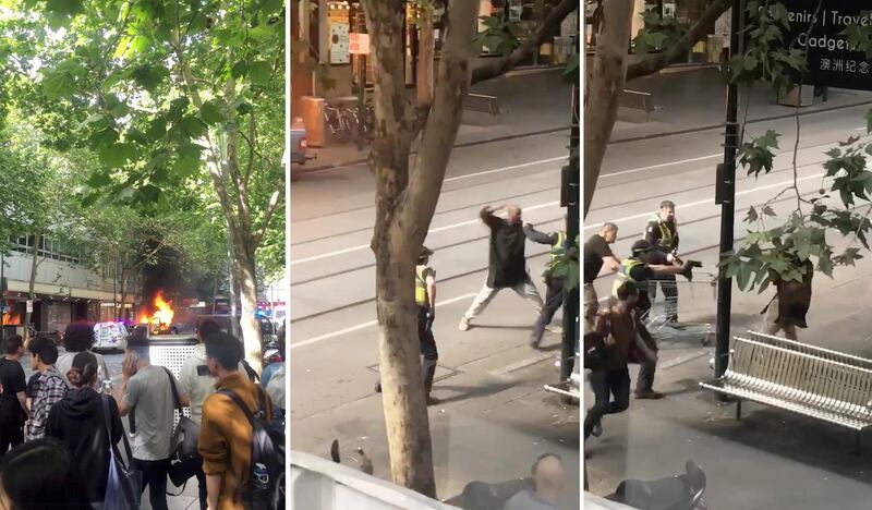 A compsosite of screenshots taken from a supplied video made available to AAP shows an incident n which a man armed with a knife attacked several people on Bourke Street in Melbourne, Australia, 09 November 2018. According to early media reports, an unidentified man set a vehicle alight and stabbed two people before being shot by police in the Central Business District of Melbourne. At least one person was killed during the incident. The perpetrator was taken into custody and is reportedly in critical condition.  EPA/STR AUSTRALIA AND NEW ZEALAND OUT  EDITORIAL USE ONLY
