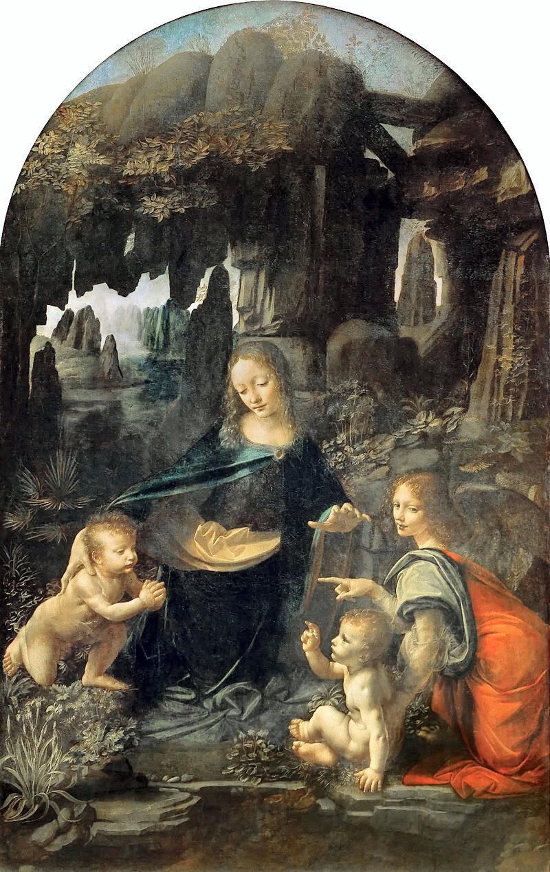 'Virgin of the Rocks' (1483-86). This is the earlier version of the painting and credited entirely to Da Vinci. It is about eight centimetres taller than the London version. It is housed at the Louvre, Paris