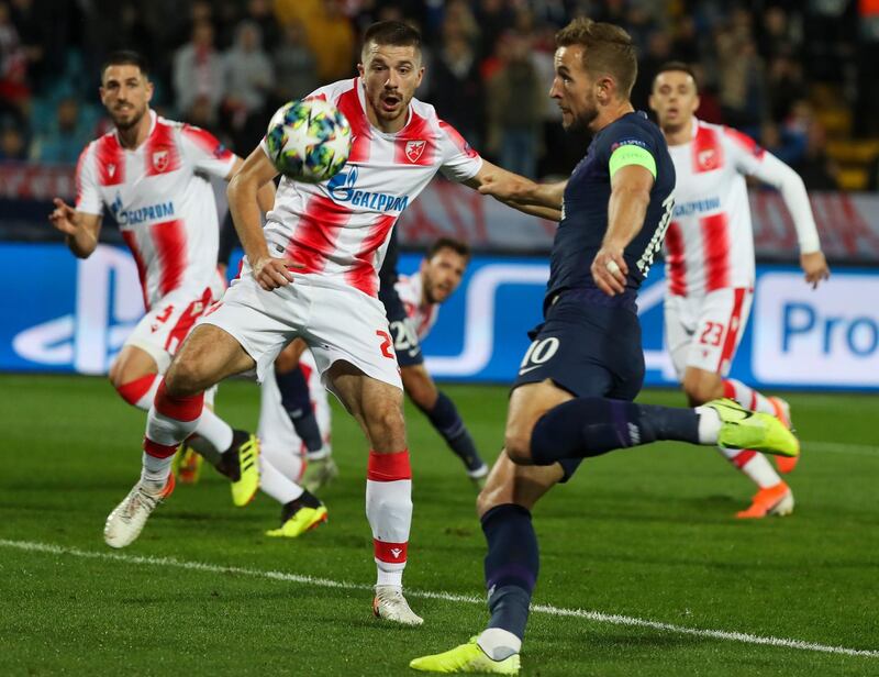 Tottenham Hotspur's Harry Kane attempts a shot on goal against Red Star Belgrade. EP