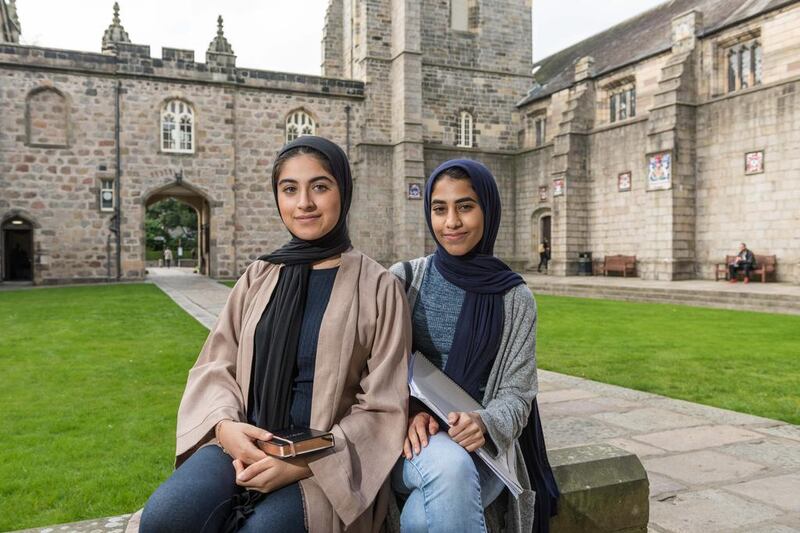 Rouda Almaazmi, left, from Sharjah, and Fatma Al Addouli, from Dubai, at the University of Aberdeen, Scotland, where the two 17-year-olds are pre-med students. Graham Dargie for The National