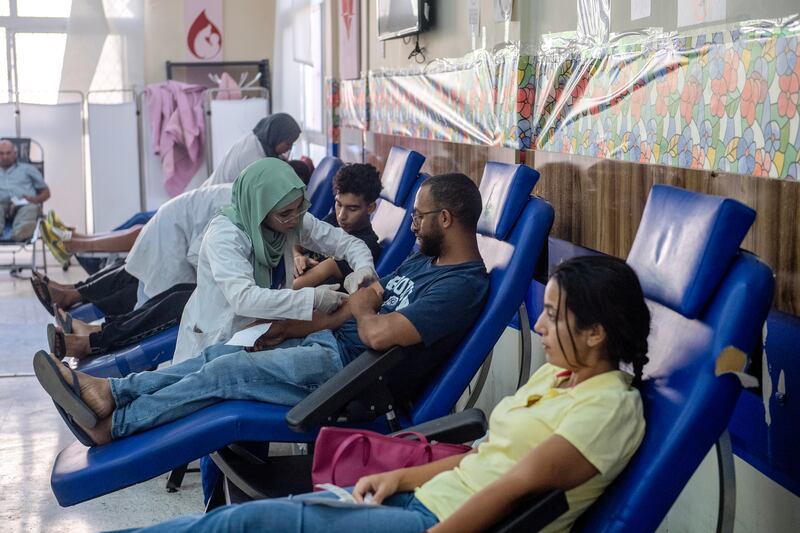 People queue to donate blood in Marrakesh. EPA