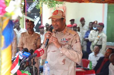 Gen Mohamed Hamdan Dagalo, commander of the paramilitary Rapid Support Forces and deputy chairman of Sudan’s ruling, military-led Sovereign Council, delivers a speech during his tour of West Darfur. Photo: Media office of the Rapid Support Forces