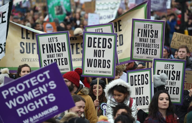 epa06579158 Thousands of women march past the parliament during a 'March for Women' in London, Britain, 04 March 2018. Thousands of people marched ahead of the International Womens Day calling for gender equality. International Women's Day is annually celebrated on 08 March.  EPA/ANDY RAIN